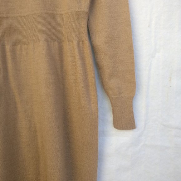 Simple Wool ribbed Knit Sweater Dress 100% Merino Wool, Camel brown - Picture 3 of 6